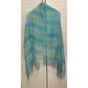 100% Silk‎ Scarf Blue Striped Long Rectangular India